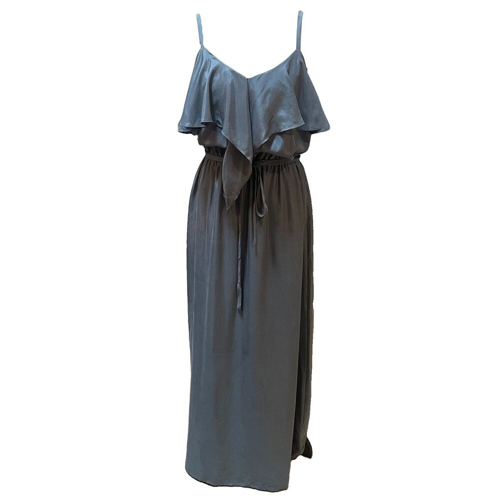 Bird by Juicy Couture Silk Maxi Dress M Slate Blue Waterfall Ruffle Y2K Boho
